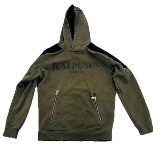 BALMAIN Olive Hooded Sweatshirt Text Logo Hoodie SMALL